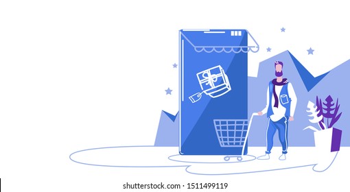 man using mobile app online market shopping concept guy with trolley cart buying gift box smartphone screen sketch doodle horizontal full length