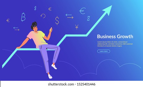 Man using mobile app for online banking and business growing. Concept vector illustration of man sitting on growing graph with smartphone and financial symbols of dollar, euro and currency exchange