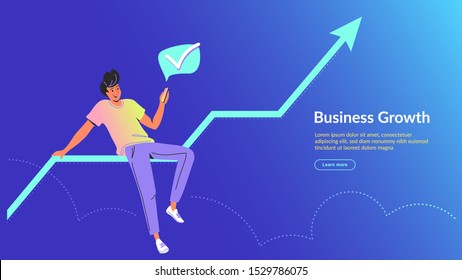 Man using mobile app for online banking and business growing. Concept vector illustration of young man sitting on big growing graph with smartphone and using mobile app for profit financial accounting