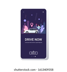 man using mobile app online ordering taxi car sharing transportation drive now concept location geo tags cityscape background smartphone screen full length copy space vector illustration