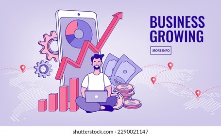 Man using mobile app for online banking and business growing. Mobile Currency Exchange Service. successful businessman pointing at chart going up. Graph to success. Flat Cartoon Vector Illustration.