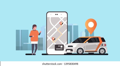 hombre que utiliza aplicaciones móviles pedir vehículo de automóvil con marca de ubicación alquilar camión compartir concepto transporte compartir transporte servicio moderno paisaje horizontal