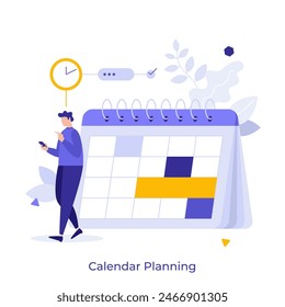 Hombre que usa el App móvil para programar eventos. Mejora de la gestión del tiempo. Concepto de planificación de calendario de Ilustración vectorial plana. Añadiendo fechas importantes a la agenda de dibujos animados