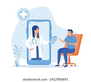 Man Using Mobile Application, Control Health Indicators, Consult Online Doctor, Sign up Appointment Therapist.  flat vector modern illustration 