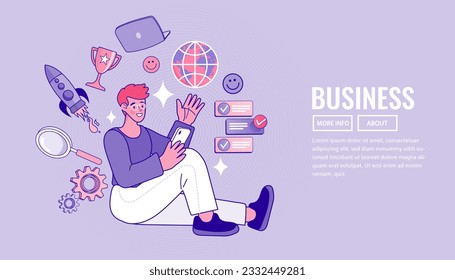 Man Using Mobile Apps for Online Banking and Growing Business. teaching and learning online, Remote work. Video conference. Success online trader. Flat Cartoon Vector Illustration.
