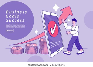 Man Using Mobile Apps for Online Banking and Growing Business. Successful business people are happy. Winning of competition. successful projects. Flat Cartoon Vector Illustration.