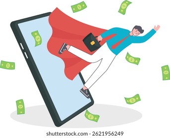 Man using mobile apps for online banking and business growth. Mobile Currency Exchange Service. Earning money on the internet. Flat Cartoon Vector Illustration


