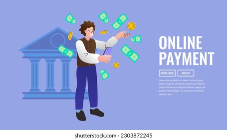 hombre que usa el servicio de banco móvil. personas que utilizan aplicaciones para transferencia de dinero, contabilidad y banca en línea. Contrato de préstamo de dinero, cuenta de cambio. Vector de ilustración.