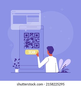 Man is using mobile cashless payment system or scan qr code, concept of using digital banking service and application for bonuses accumulation, flat cartoon vector illustration