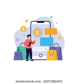 Homem usando um dispositivo móvel para compras on-line com sacolas de compras ao seu redor.