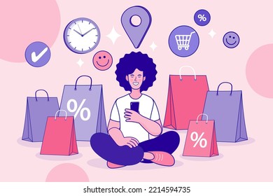 hombre usando e-shopping móvil alrededor de la bolsa de compras con el concepto de descuento de promoción de promoción de la gran venta de signo negro viernes. Oferta especial. comprar regalos o regalos a través del contorno vectorial de aplicaciones móviles.