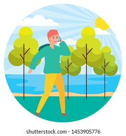 man using mobile landscape nature trees river vector illustration