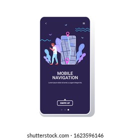 man using mobile navigation app to get direction to destination address in city street traveler exploring route location pin GPS pointers on smartphone screen full length copy space vector