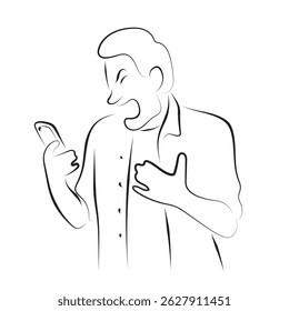 man using mobile phone with anger illustration vector hand drawn with black lines isolated on white background
