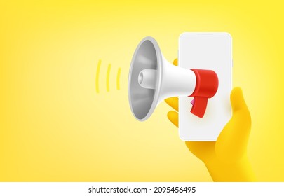 Hombre usando teléfono móvil. Concepto de anuncio. Banner vectorial 3d con espacio de copia
