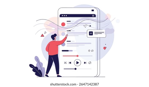 Man Usando Interface de Aplicativo de Telefone Celular para Conceitos de Gerenciamento e Personalização de Playlist de Música