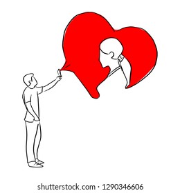 man using mobile phone to call his girlfriend vector illustration sketch doodle hand drawn with black lines isolated on white background