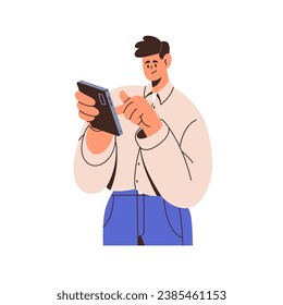 Hombre usando teléfono móvil, haciendo clic en el smartphone con el dedo. Persona sosteniendo el teléfono móvil. Empleado con celular, teléfono en mano, navegando por internet. Ilustración vectorial plana aislada en fondo blanco