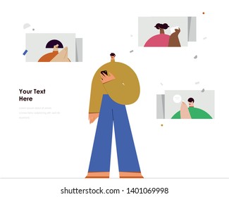 Hombre usando teléfono móvil para comunicarse con un amigo en las redes sociales. Ilustración vectorial mínima de diseño plano. Uso en proyectos y aplicaciones web.