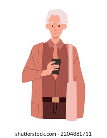 Man using mobile phone. Gray haired man looks at screen of smartphone, modern technologies and digital world. Social networks and messengers. Poster or banner. Cartoon flat vector illustration