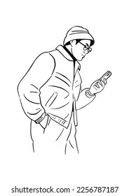 hombre usando teléfono móvil, ilustración artística a mano, personas, estilo de vida