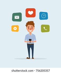 man using a mobile phone infographic. business man character.