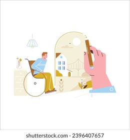 Man using mobile phone in the living room. Flat vector illustration.