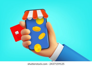 Man using mobile phone for making purchases online. 3d vector concept