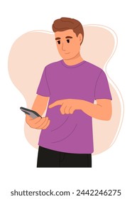 Man using mobile phone. Modern vector flat illustration.