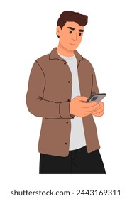 Man using mobile phone. Modern vector flat illustration.