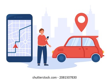Man using mobile phone for online sharing, ordering taxi cab. Person finding location on city map for transportation flat vector illustration. Gps navigation service, delivery, rent car concept
