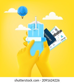 Hombre usando teléfono móvil para pedir vacaciones. 3.ª ilustración vectorial