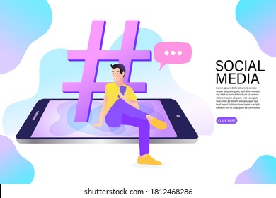 man using mobile phone and for sending posts and sharing them in social media. Hashtag concept illustration. Flat vector