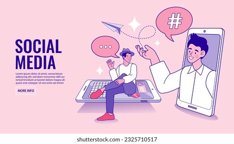 man using mobile phone and for sending posts and sharing them in social media. Refer a friend concept banner. Digital marketing strategy. video call on smartphone Hashtag concept illustration. Flat