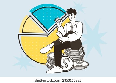 Man using mobile phone sitting near pie chart. Budget planning. People analyzing personal or corporate budget. Finance accounting and calculation of financial income and expenses. vector illustration.