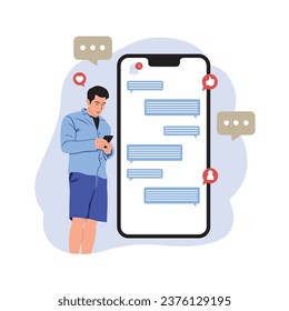 Man using mobile phone with speech bubbles. Vector illustration in flat style