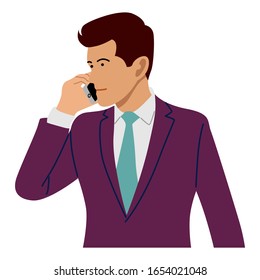 Man using mobile phone to talk to positive emotions, talking on phone. Vector flat character illustration