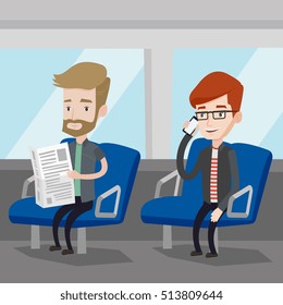 Man using mobile phone while traveling by public transport. Caucasian man reading newspaper in public transport. People traveling by public transport. Vector flat design illustration. Square layout.