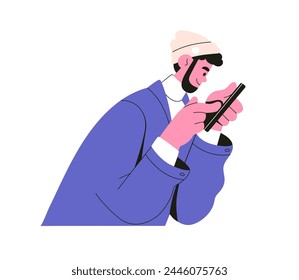 Man using mobile phone. Young character reading, looking at smartphone in hands. Person scrolling, surfing internet, holding cellphone. Flat graphic vector illustration isolated on white background