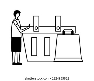 man using mobile shopping basket and bag