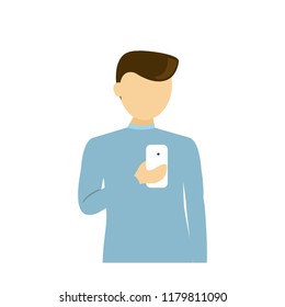 Man using mobile smartphone isolated on white background. Man using mobile for web site and app. Creative business concept, vector illustration, eps 10