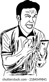Man using mobile vector, Sketch drawing of Angry man watching his cell phone, Silhouette of angry business man seeing his mobile phone