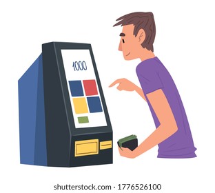 Man Using Modern Electronic Self Service Terminal Vector Illustration On White Background