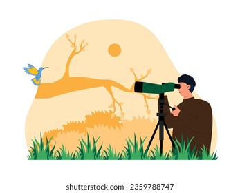 Man using monocular for bird watching, tripod for support, vector illustration.