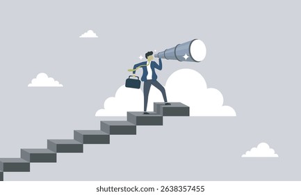 Man using monocular and climbing up stairs to looking for job or work. looking for hired. looking for inspiration. climbing for future. never giveup.