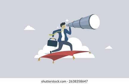 Man using monocular and riding carpet to looking for job or work. looking for hired. looking for inspiration. to the future. never giveup. always searching opportunity.