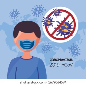 man using mouth cap with covid 19 particles vector illustration design