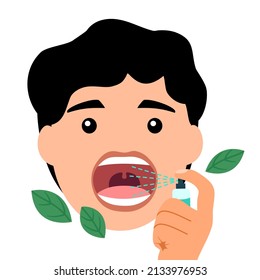 Man using mouth spray for fresh breathing or sore throat infection treatment in flat design on white background.