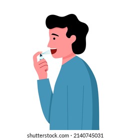 Man using mouth spray for fresh breathing or sore throat infection treatment in flat design on white background.