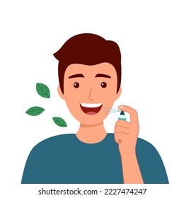 Man using mouth spray for fresh breathing or sore throat infection treatment in flat design on white background.